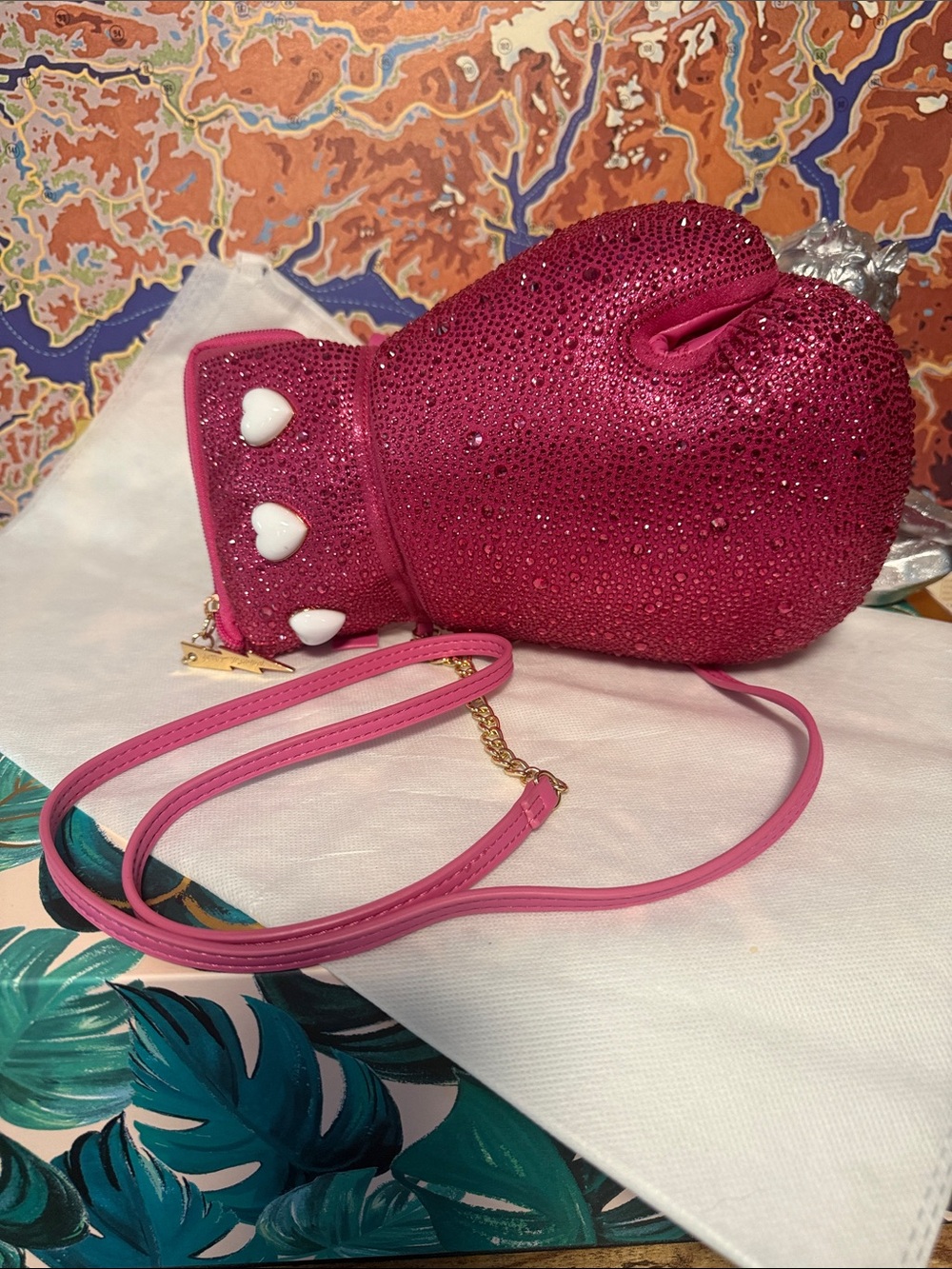 Betsey Johnson Fuschia Crystal Boxing Glove Crossbody. “Fight Like A Girl”